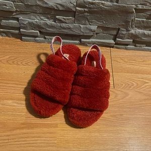 Red, fluffy slingback UGG house shoes